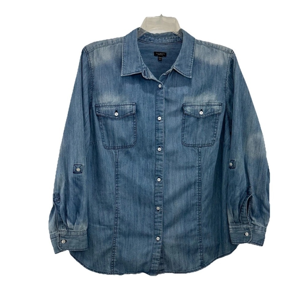 Talbots Denim Button Up Shirt Womens 22WP Petite Roll-Tab Blue Vintage Look